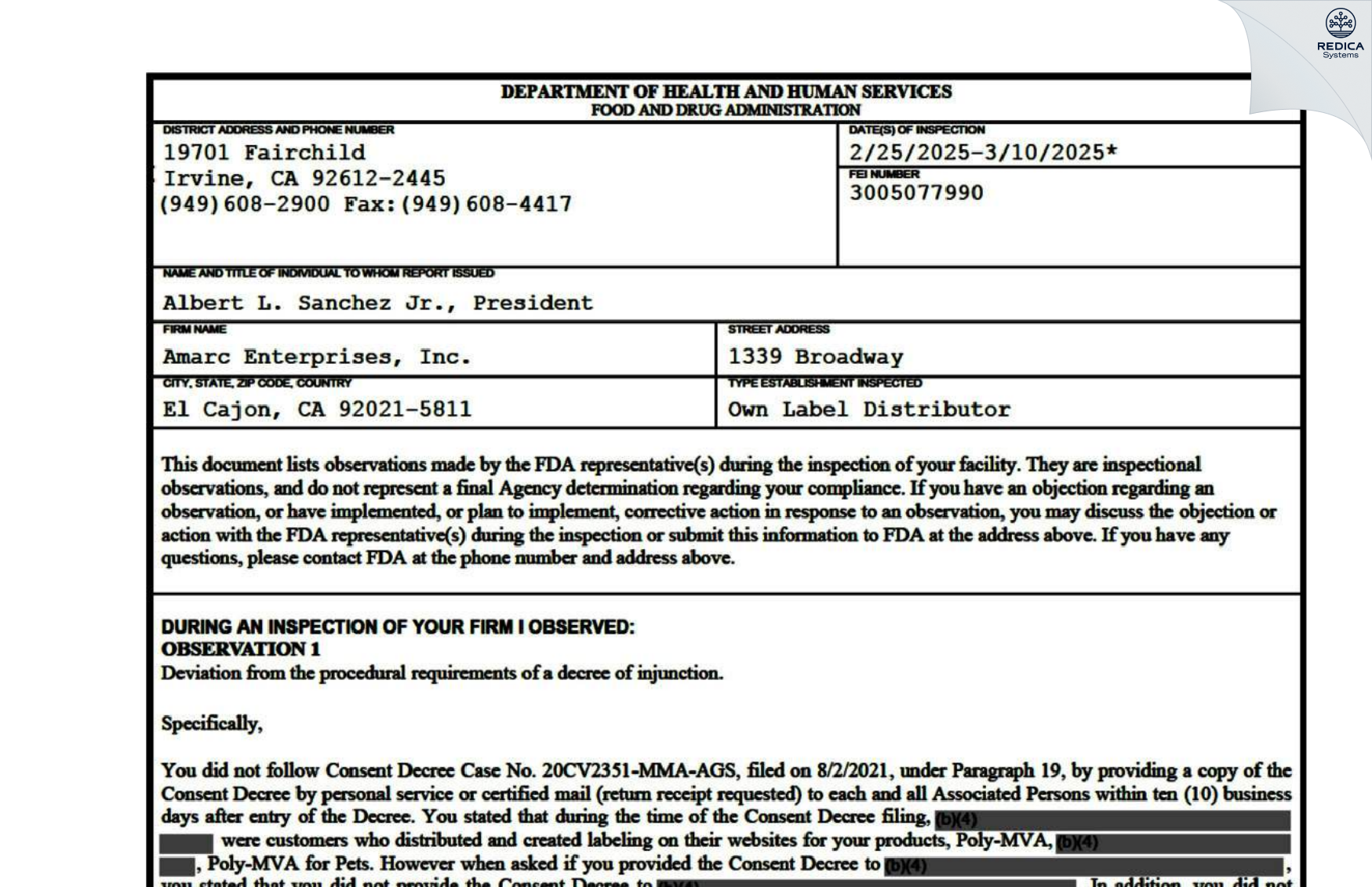 FDA 483 - Amarc Enterprises, Inc. [El Cajon / United States of America] - Download PDF - Redica Systems