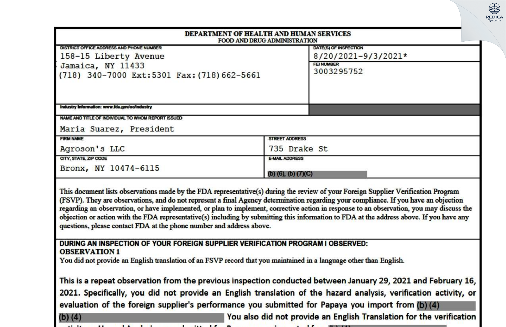 FDA 483 - Agroson's LLC [Bronx / United States of America] - Download PDF - Redica Systems