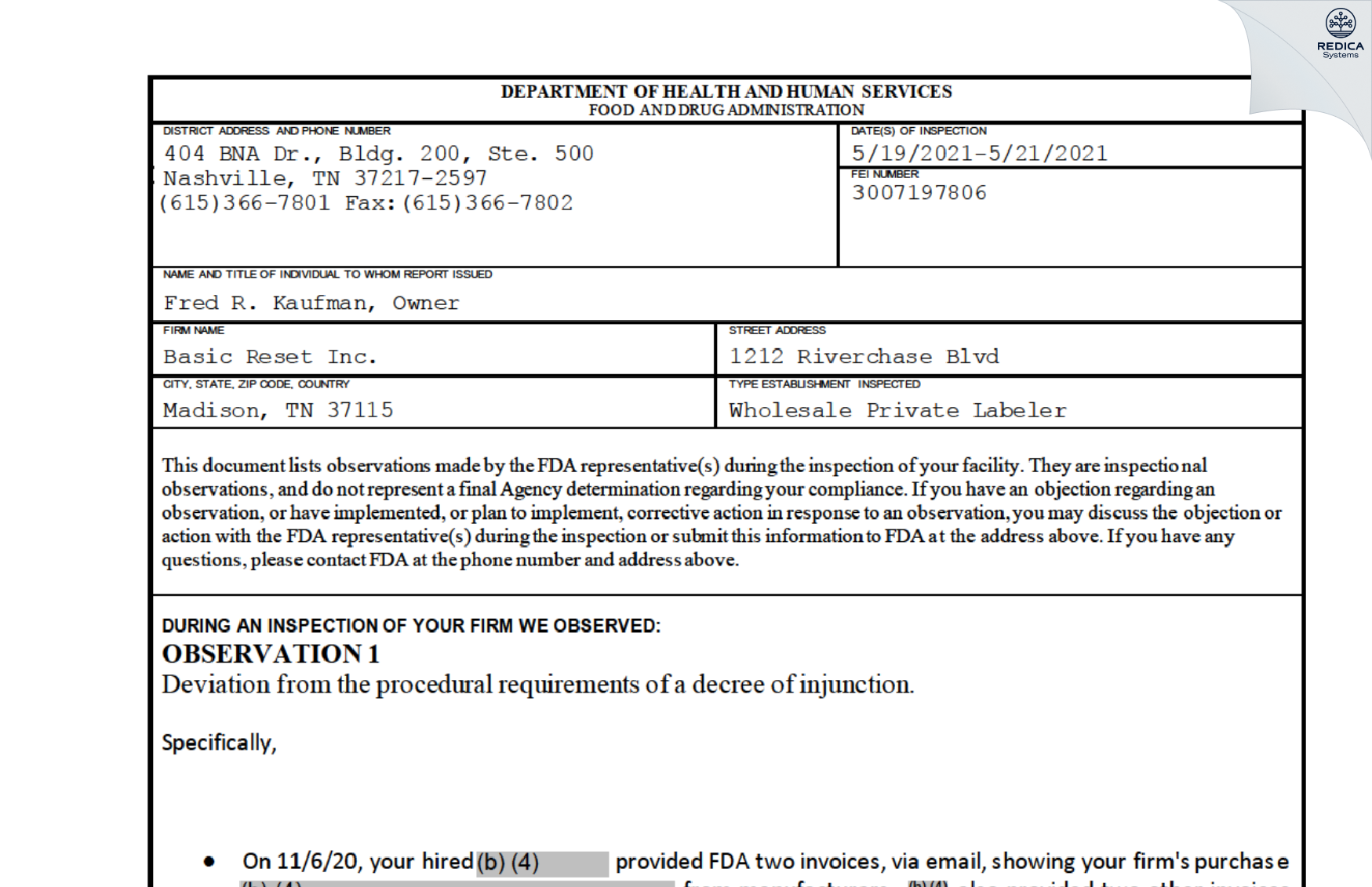 FDA 483 - Basic Reset Inc. [Madison / United States of America] - Download PDF - Redica Systems