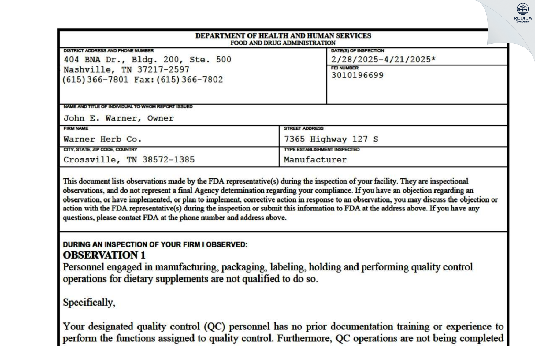 FDA 483 - Warner Herb Co. [Crossville / United States of America] - Download PDF - Redica Systems