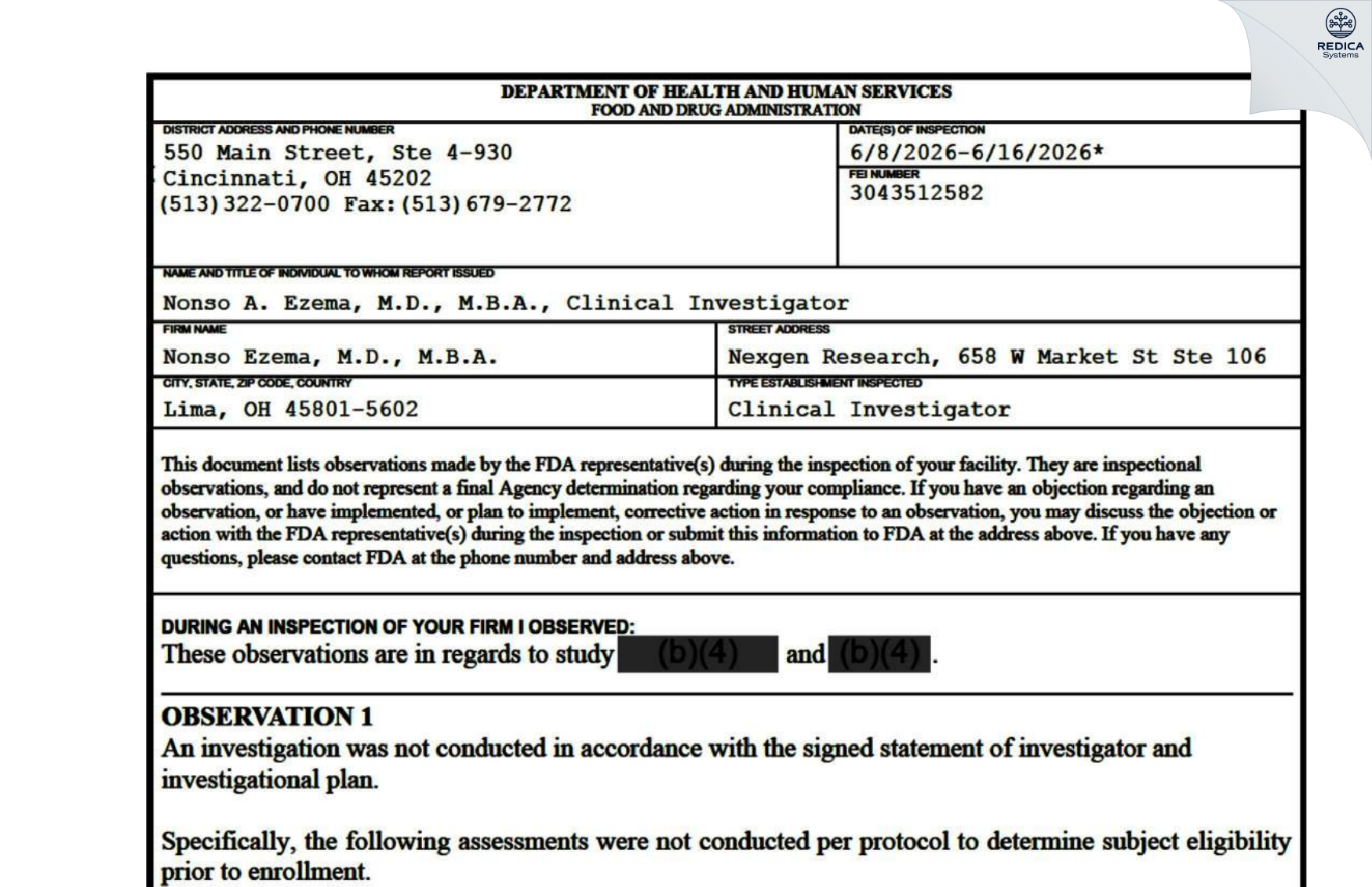 FDA 483 - Nonso Ezema, M.D., M.B.A. [Lima / United States of America] - Download PDF - Redica Systems
