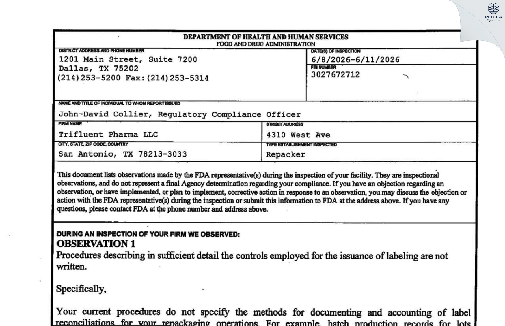 FDA 483 - Trifluent Pharma, LLC [San Antonio / United States of America] - Download PDF - Redica Systems