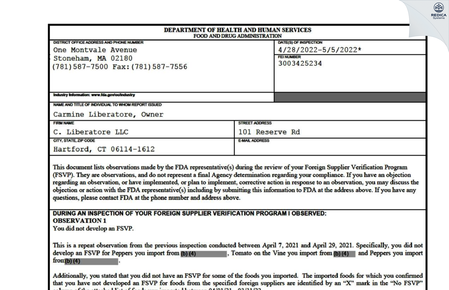 FDA 483 - C. Liberatore LLC [Hartford / United States of America] - Download PDF - Redica Systems