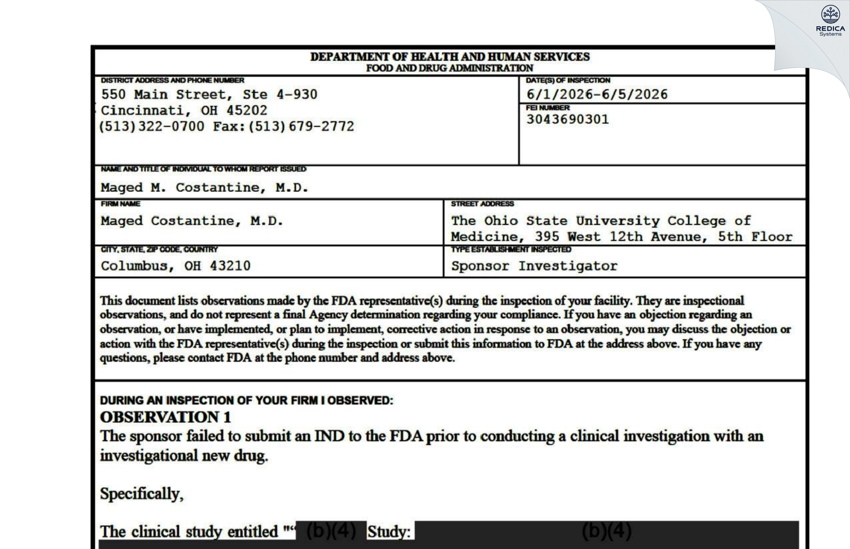 FDA 483 - Maged Costantine, M.D. [Columbus / United States of America] - Download PDF - Redica Systems