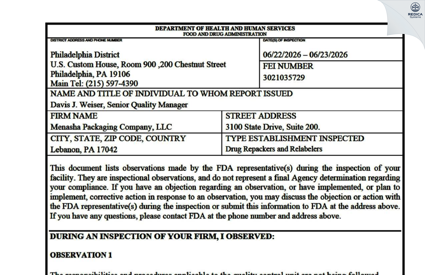 FDA 483 - Menasha Packaging Company [Lebanon / United States of America] - Download PDF - Redica Systems