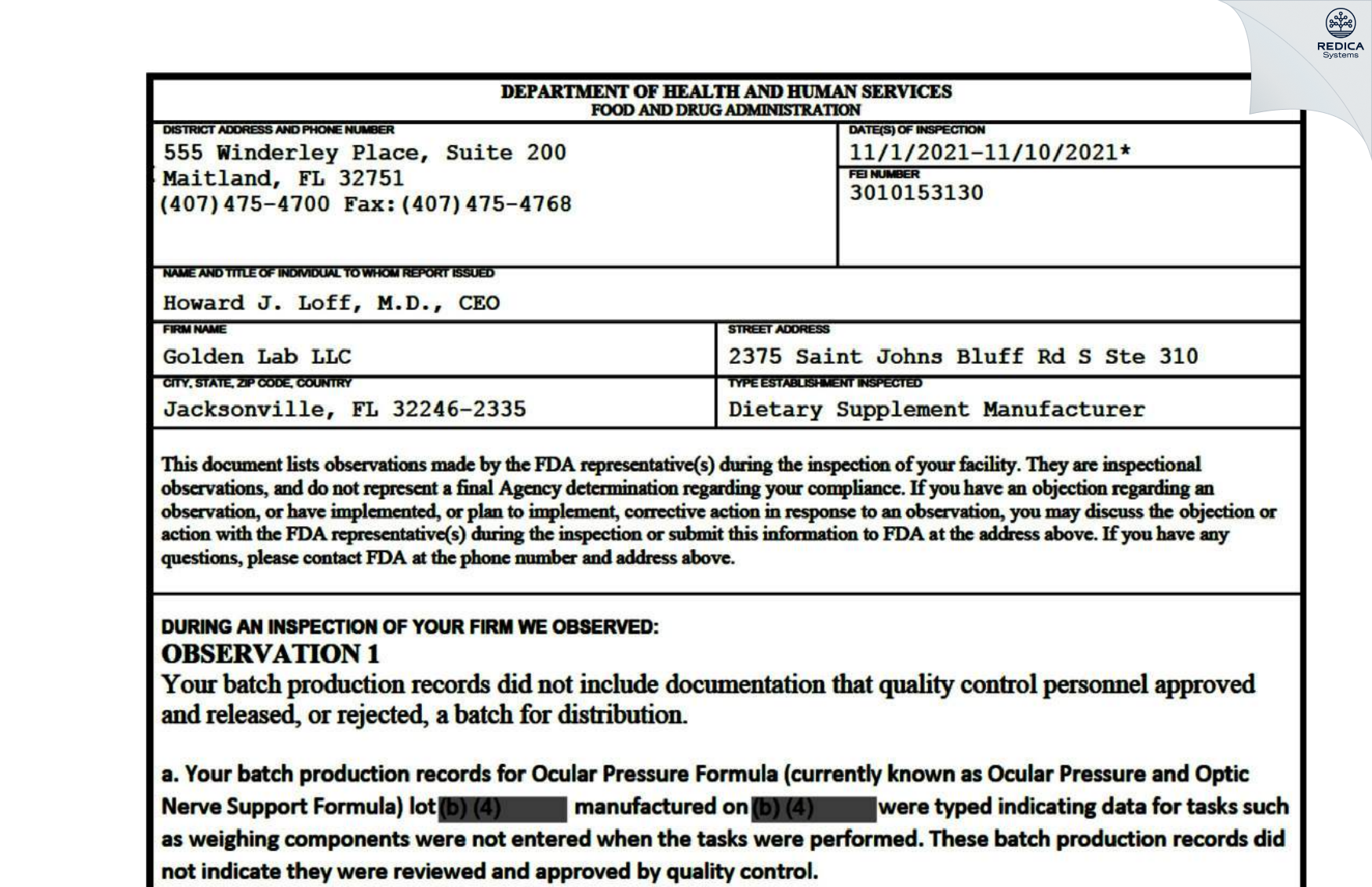 FDA 483 - Golden Lab LLC [Jacksonville / United States of America] - Download PDF - Redica Systems
