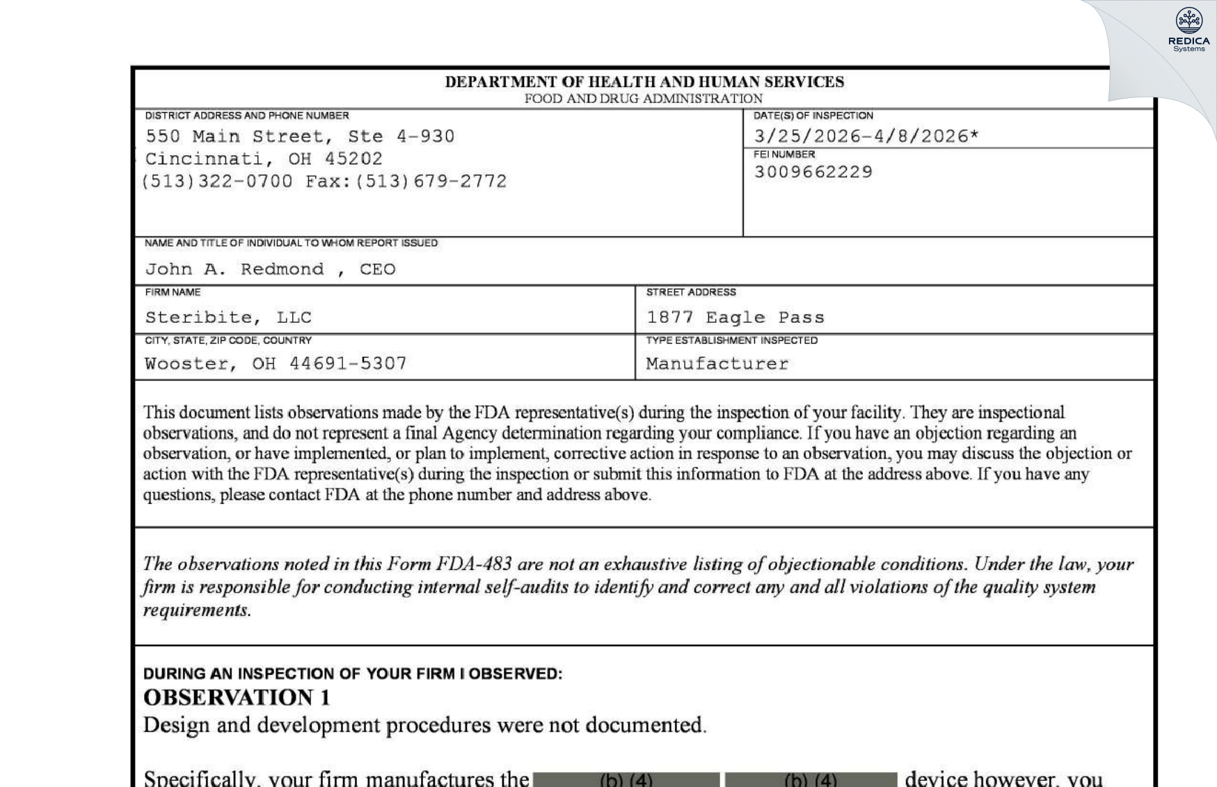 FDA 483 - Gen2 Medical LLC [Garrettsville / United States of America] - Download PDF - Redica Systems