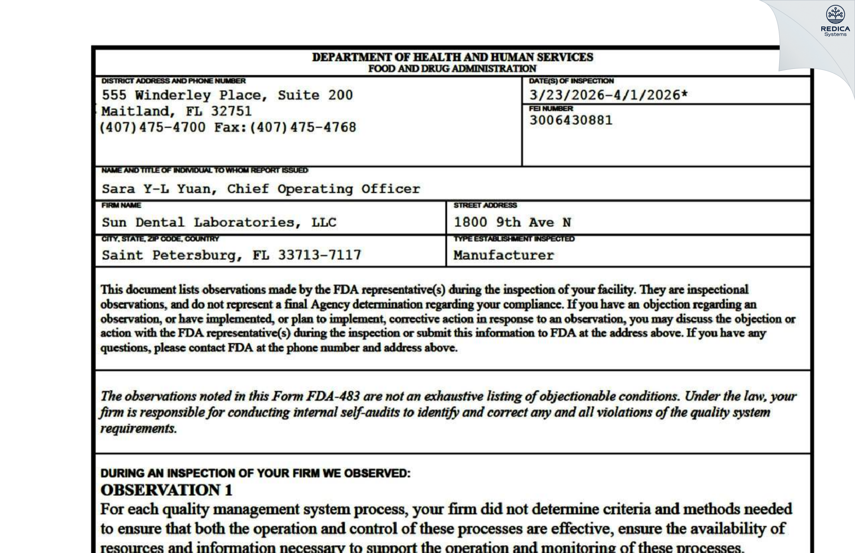 FDA 483 - Sun Dental Laboratories, LLC [Saint Petersburg / United States of America] - Download PDF - Redica Systems