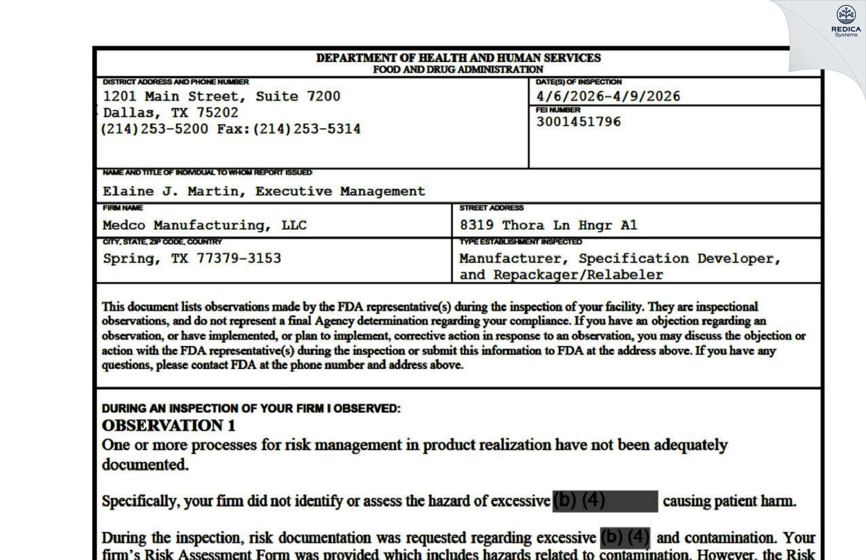 FDA 483 - Medco Manufacturing [Spring / United States of America] - Download PDF - Redica Systems
