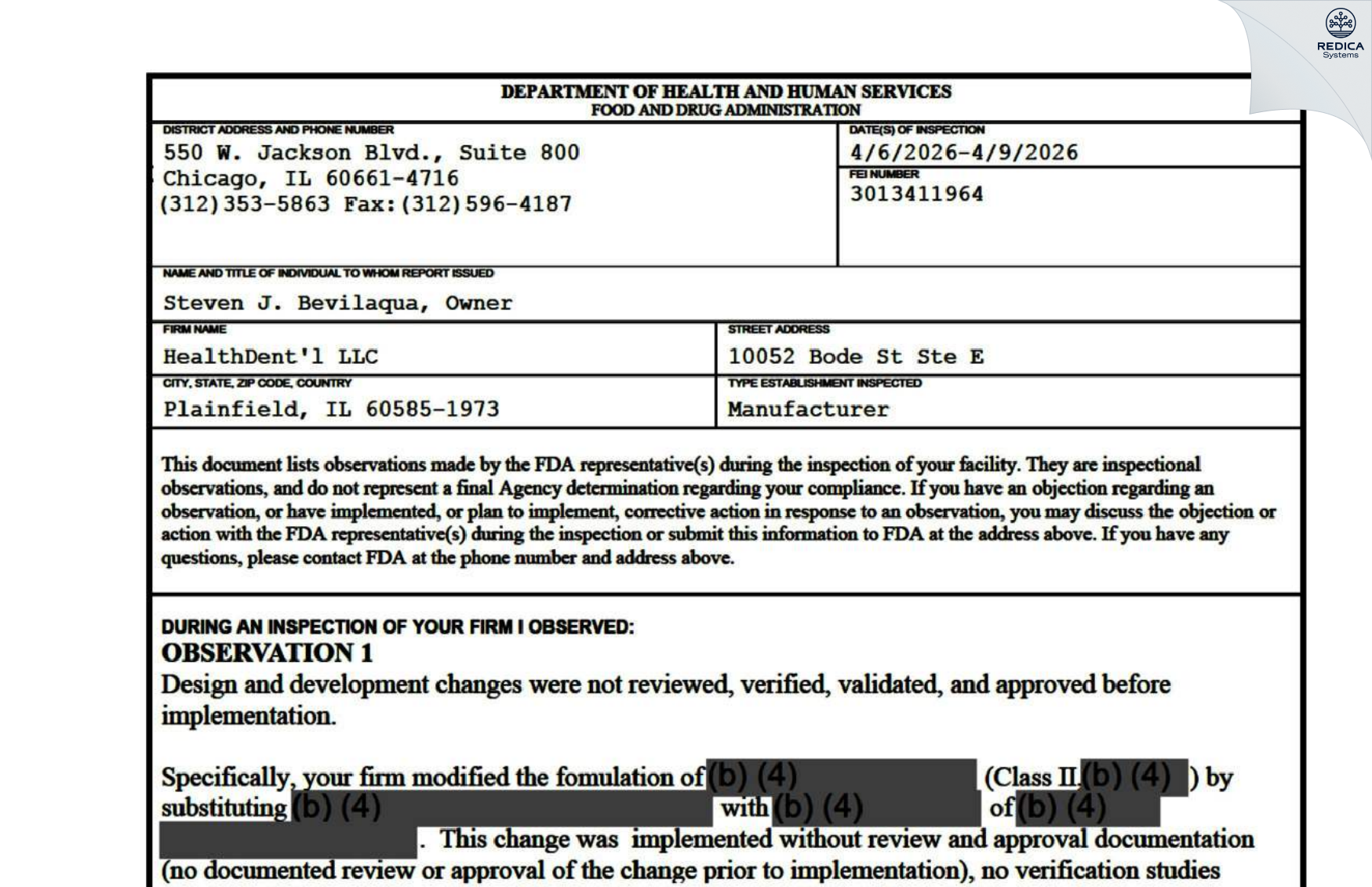 FDA 483 - HealthDent'l LLC [Plainfield / United States of America] - Download PDF - Redica Systems