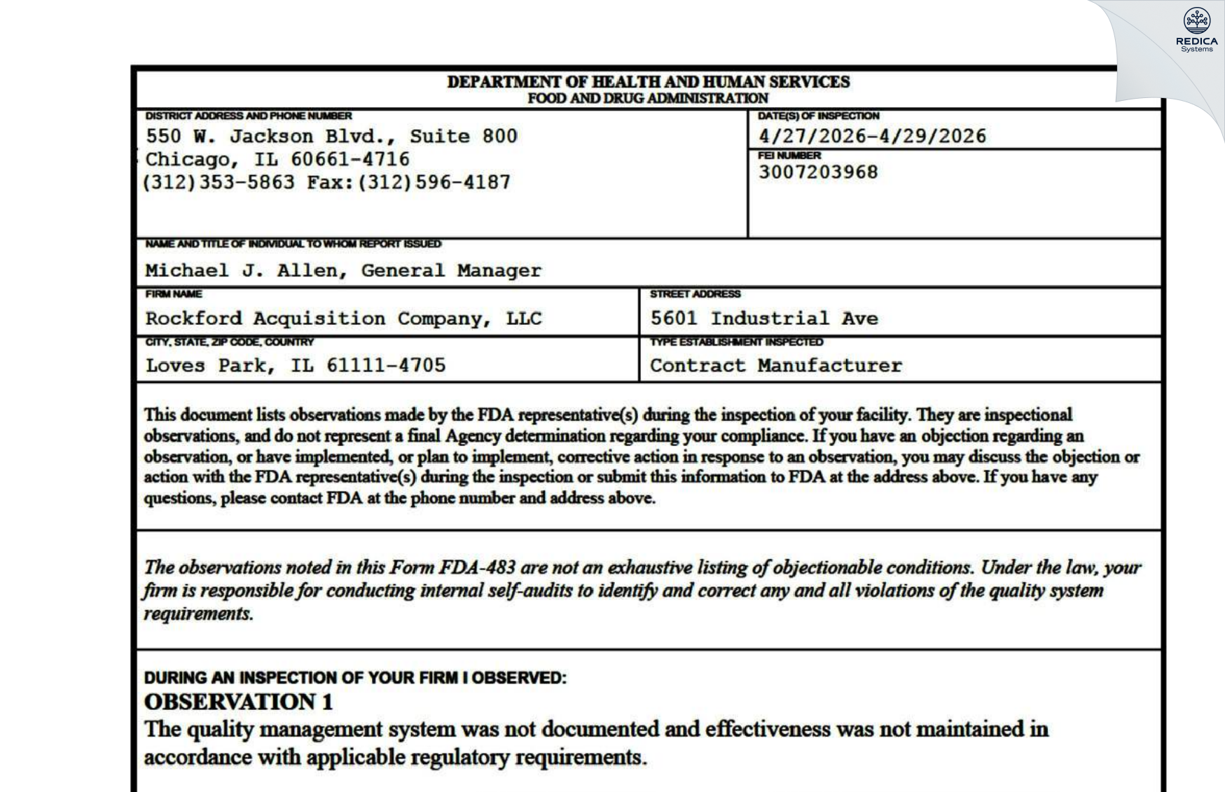 FDA 483 - Rockford Specialties [Loves Park / United States of America] - Download PDF - Redica Systems