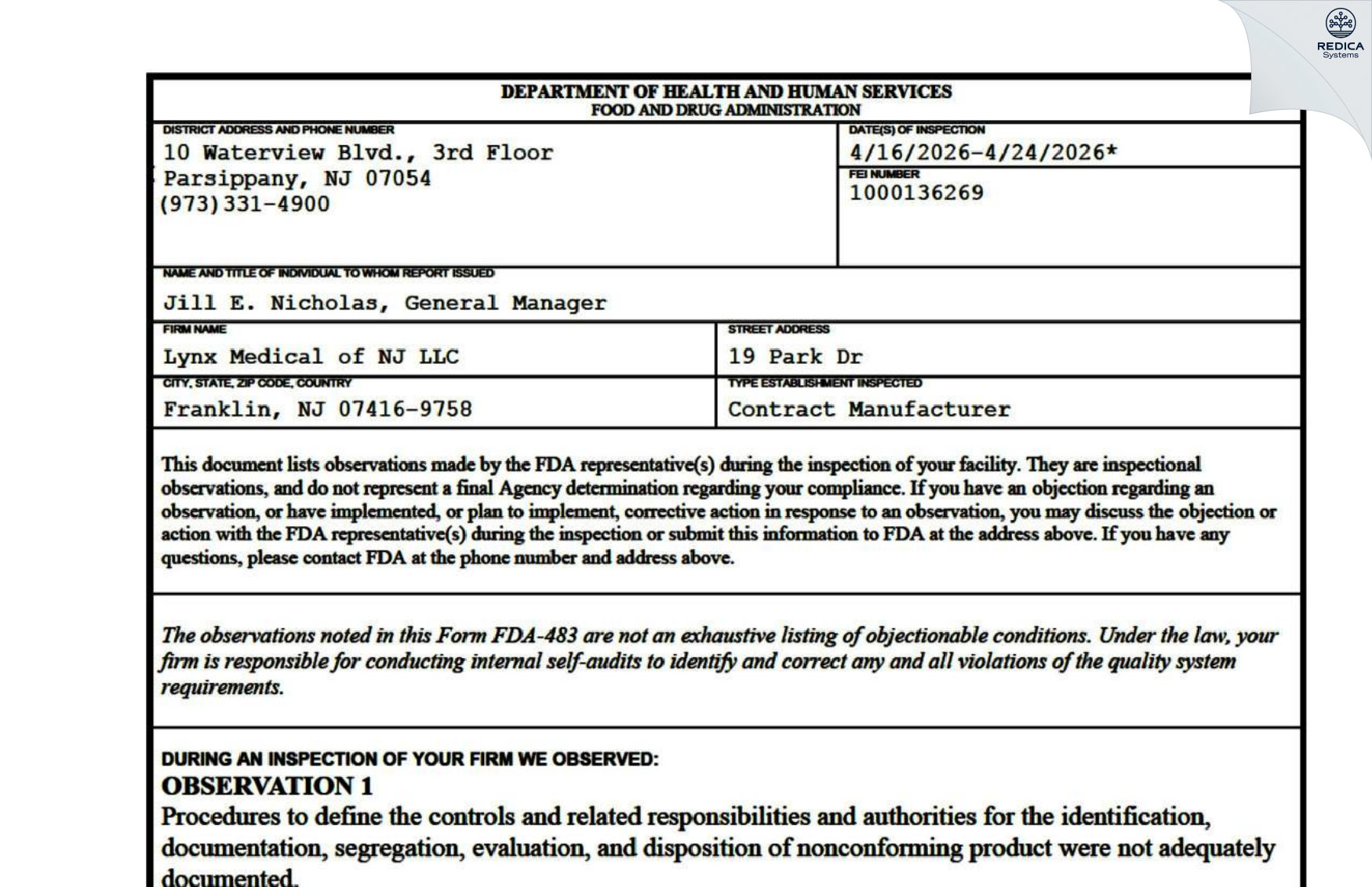 FDA 483 - Cosmed of New Jersey [Franklin / United States of America] - Download PDF - Redica Systems