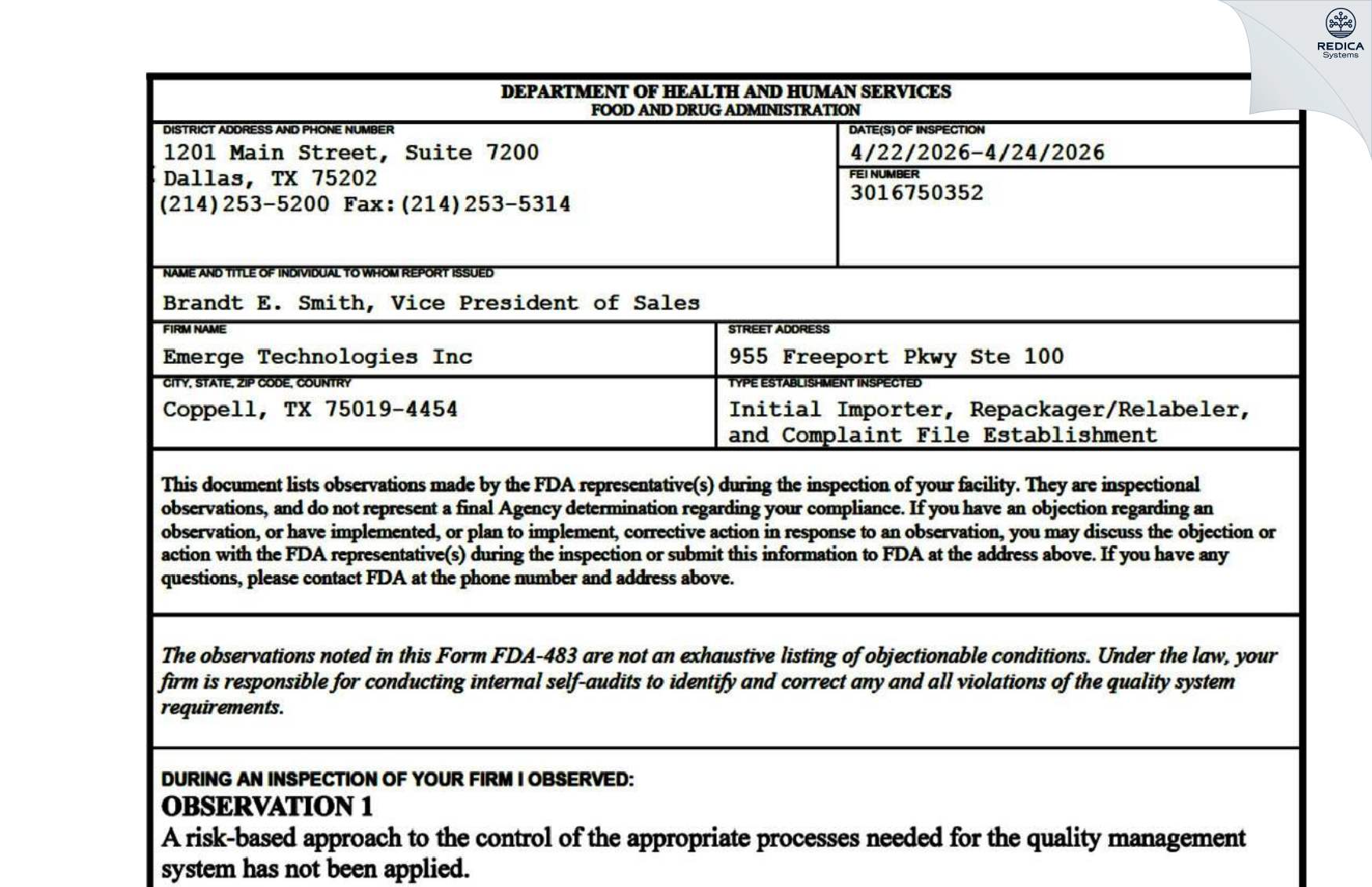 FDA 483 - EMERGE TECHNOLOGIES [Coppell / United States of America] - Download PDF - Redica Systems