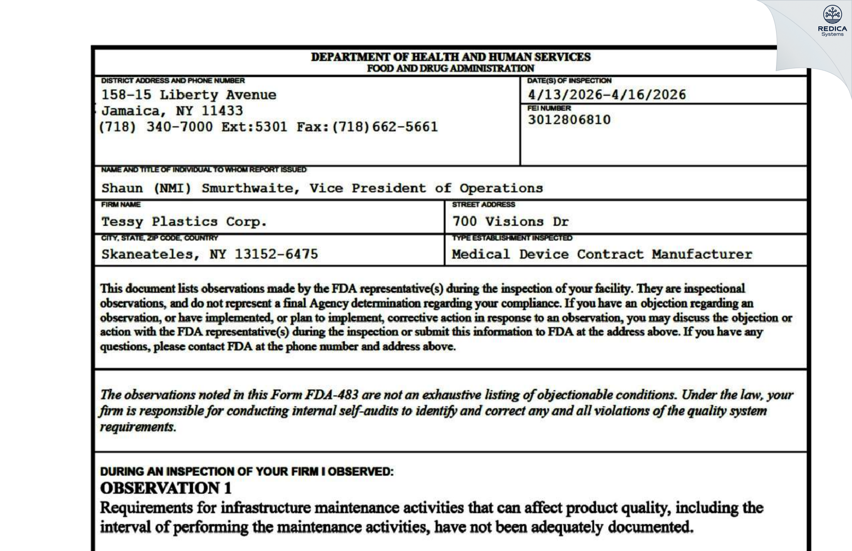 FDA 483 - Tessy Plastics Corp. [Skaneateles / United States of America] - Download PDF - Redica Systems