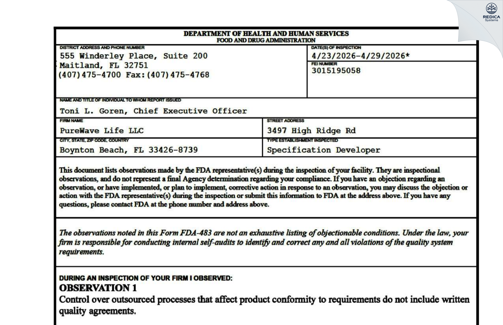 FDA 483 - PureWave Technologies LLC [Boynton Beach / United States of America] - Download PDF - Redica Systems