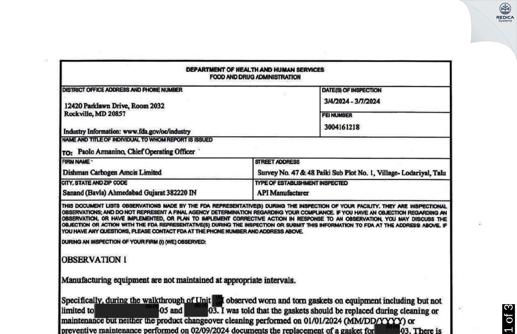 FDA 483 - DISHMAN CARBOGEN AMCIS LIMITED [Bavla / India] - Download PDF - Redica Systems
