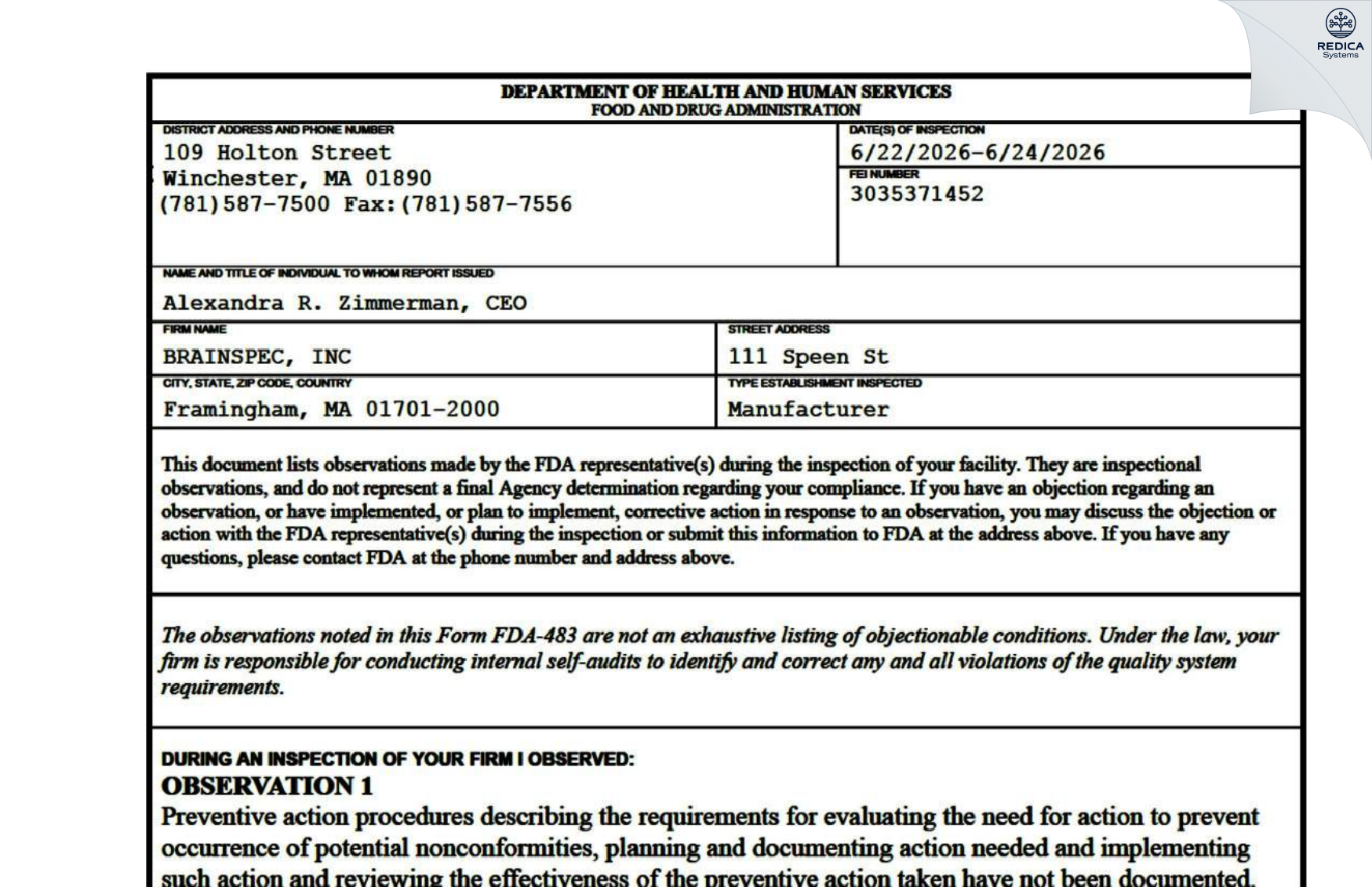 FDA 483 - BRAINSPEC, INC [Framingham / United States of America] - Download PDF - Redica Systems