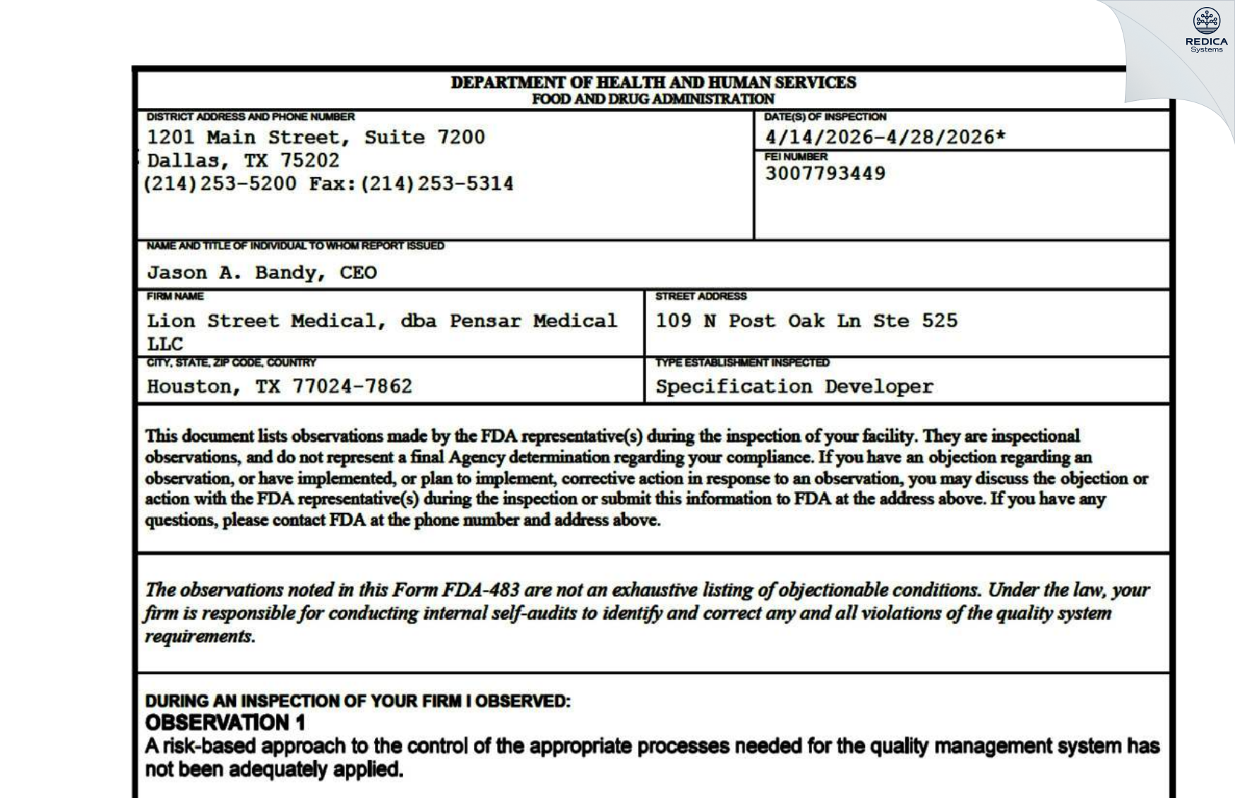 FDA 483 - Pensar Medical LLC [Norco / United States of America] - Download PDF - Redica Systems