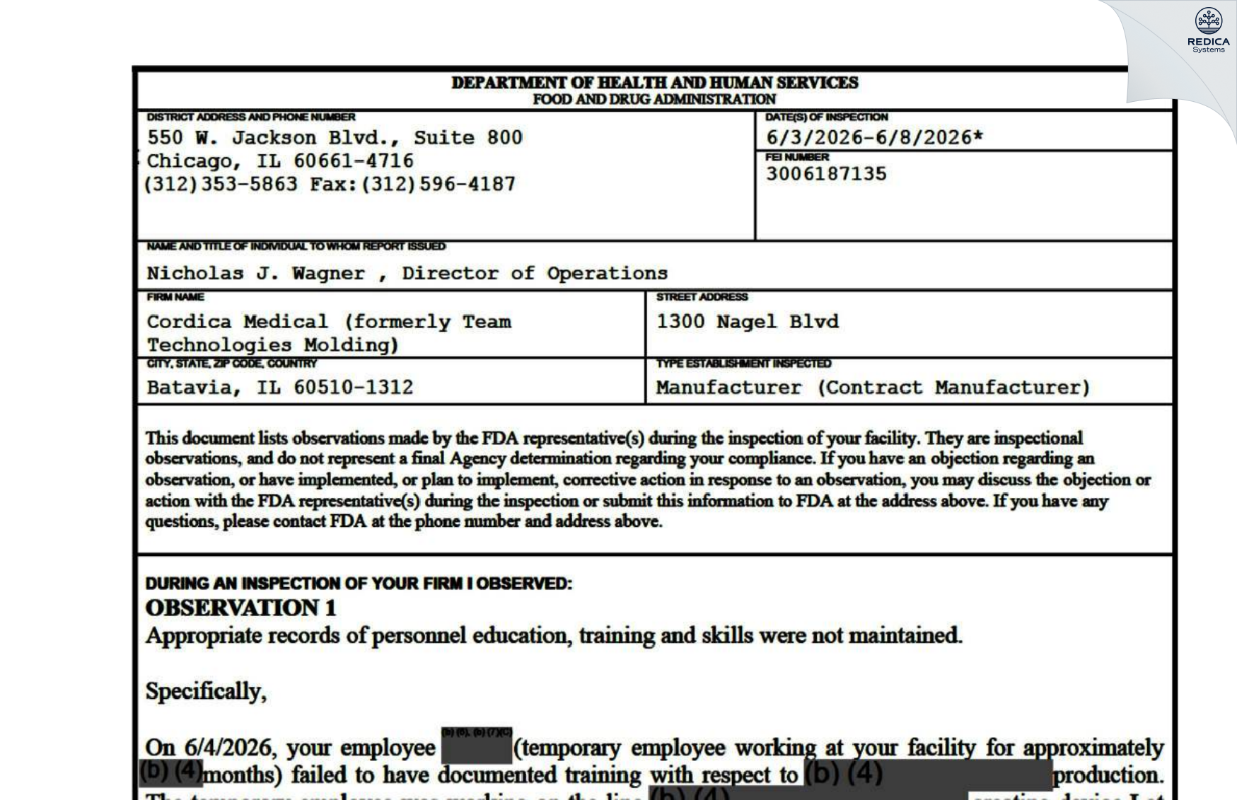 FDA 483 - TEAM TECHNOLOGIES MOLDING (A TEAM TECHNOLOGIES, INC COMPANY) [Batavia / United States of America] - Download PDF - Redica Systems