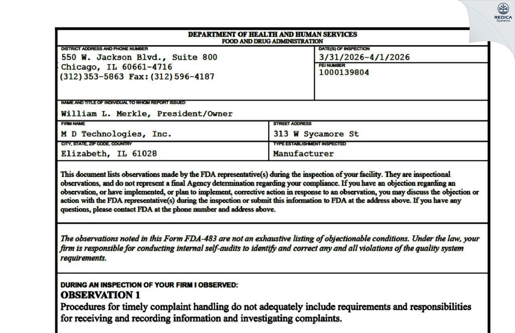 FDA 483 - M D Technologies, Inc. [Elizabeth / United States of America] - Download PDF - Redica Systems