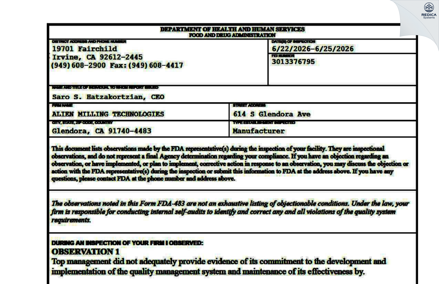 FDA 483 - ALIEN MILLING TECHNOLOGIES [Glendora / United States of America] - Download PDF - Redica Systems