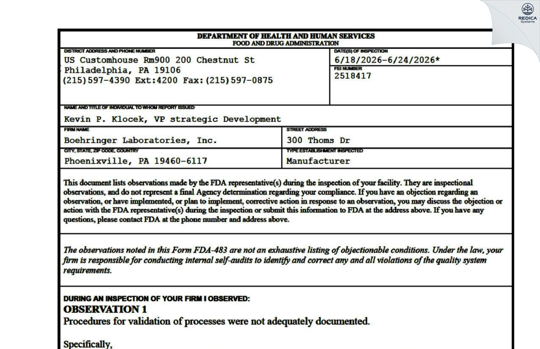 FDA 483 - Boehringer Laboratories, Inc. [Phoenixville / United States of America] - Download PDF - Redica Systems