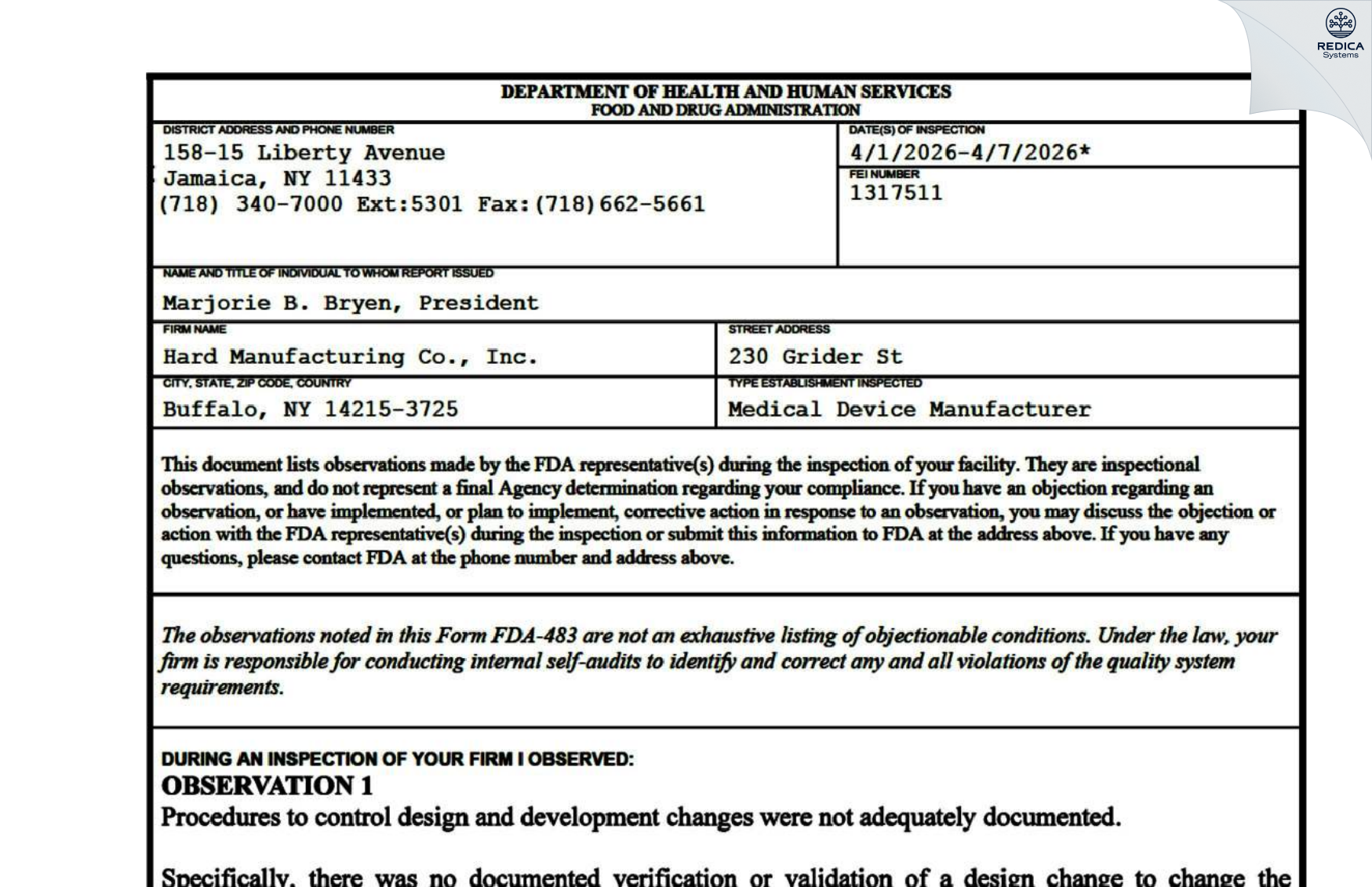 FDA 483 - Hard Manufacturing Co., Inc. [Buffalo / United States of America] - Download PDF - Redica Systems