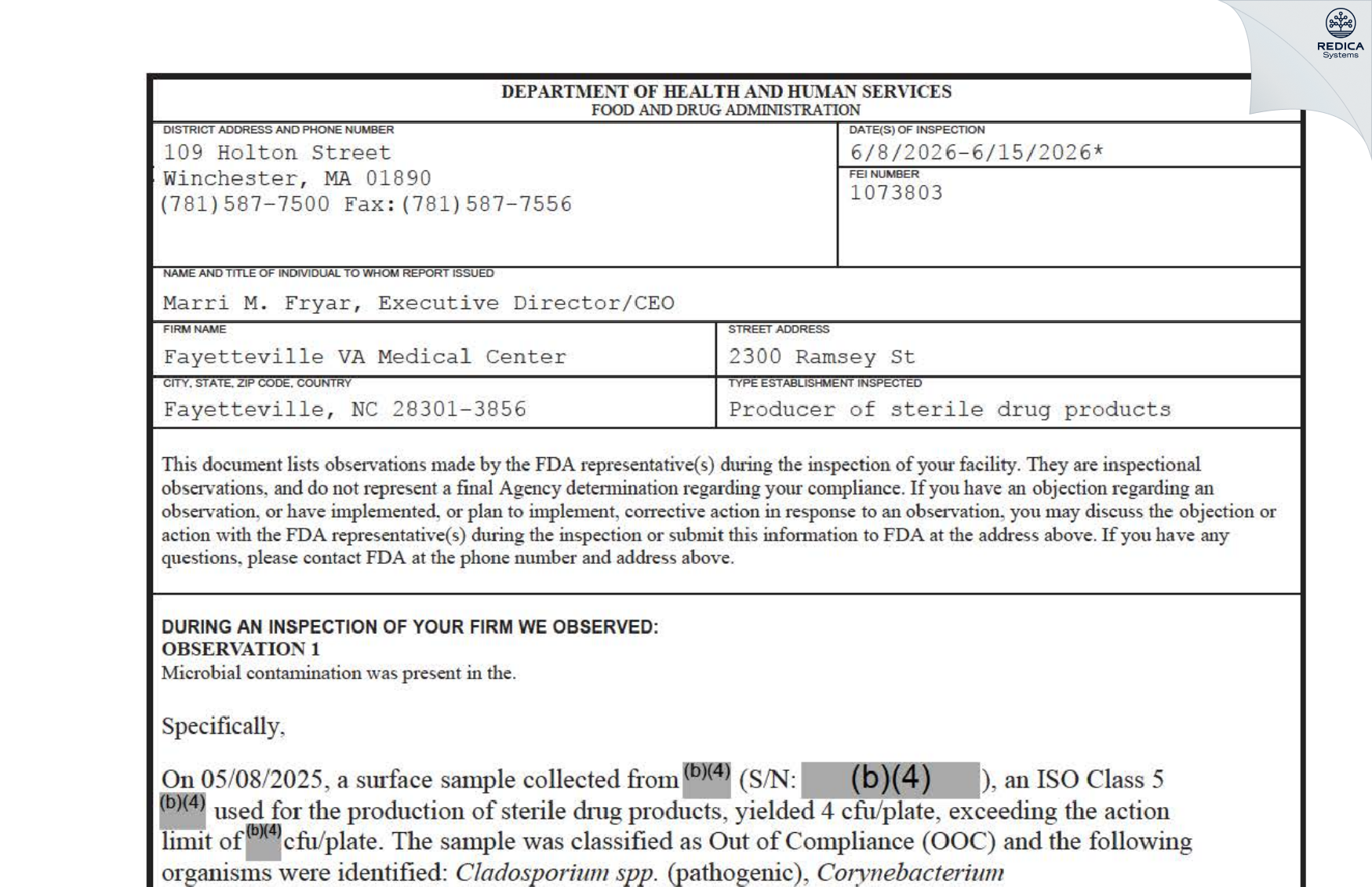 FDA 483 - VA Medical Center [Fayetteville / United States of America] - Download PDF - Redica Systems