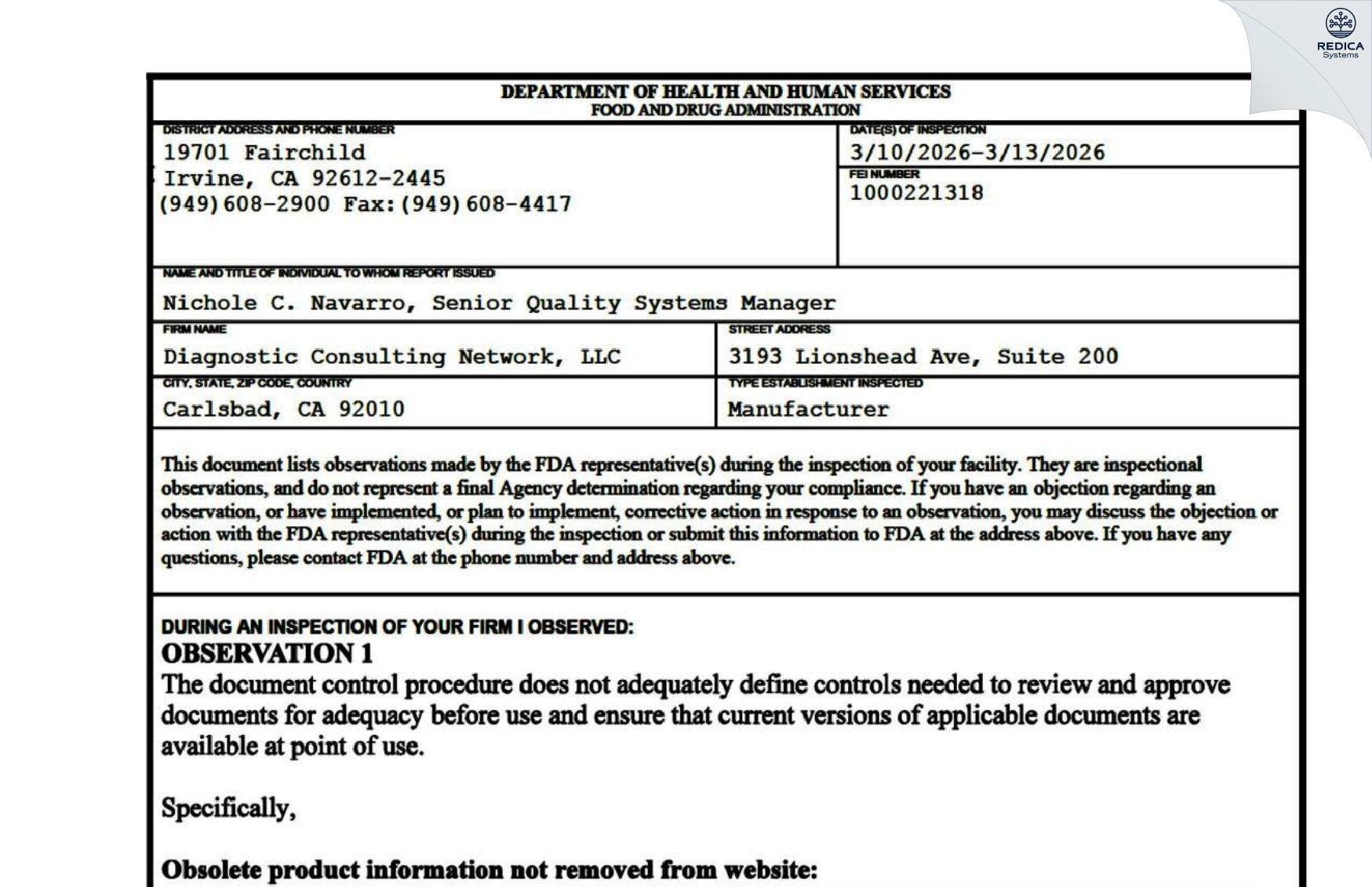 FDA 483 - BioMed Diagnostocs, Inc [White City / United States of America] - Download PDF - Redica Systems