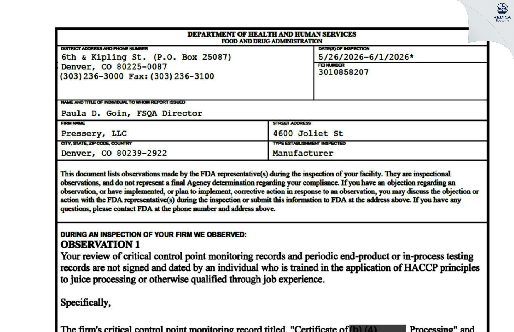FDA 483 - Pressery, LLC [Denver / United States of America] - Download PDF - Redica Systems