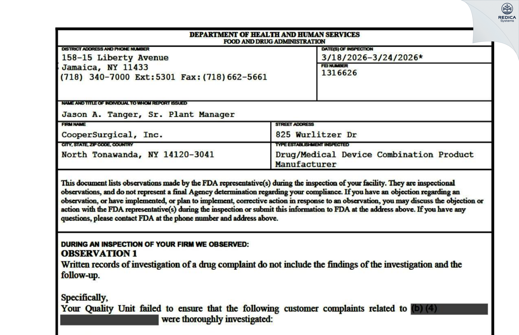 FDA 483 - CooperSurgical, Inc. [North Tonawanda / United States of America] - Download PDF - Redica Systems