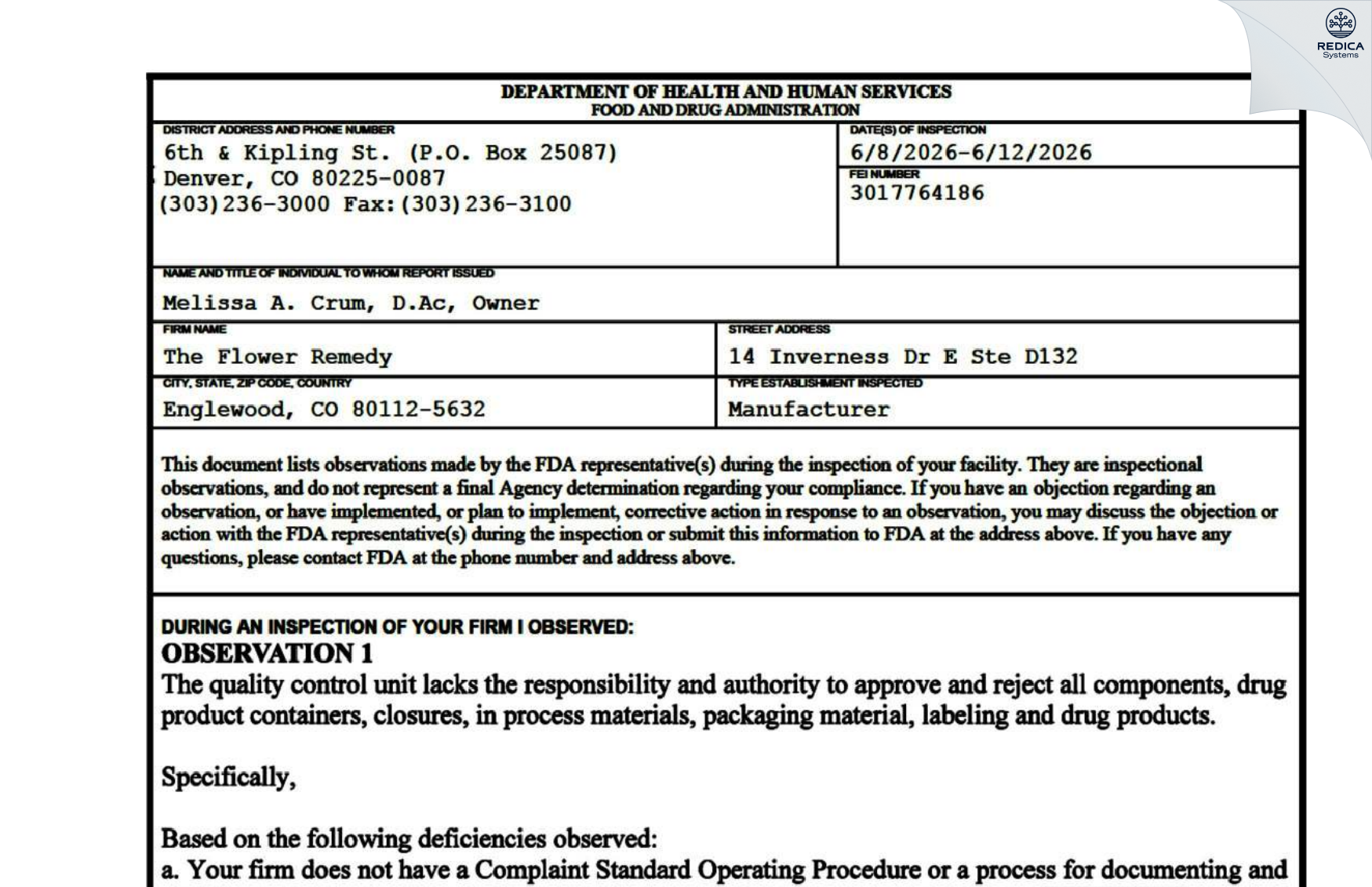 FDA 483 - The Flower Remedy [Englewood / United States of America] - Download PDF - Redica Systems