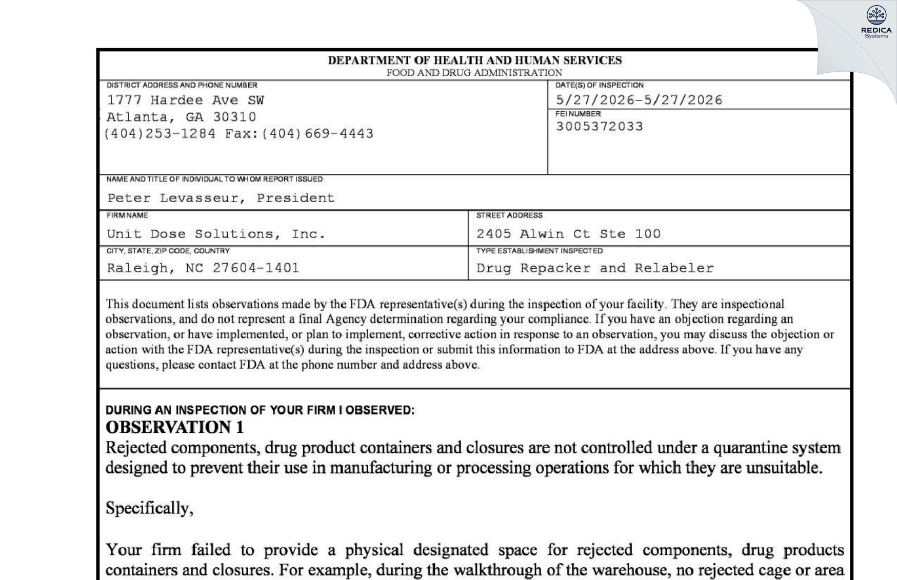 FDA 483 - Unit Dose Solutions, Inc. [Morrisville / United States of America] - Download PDF - Redica Systems