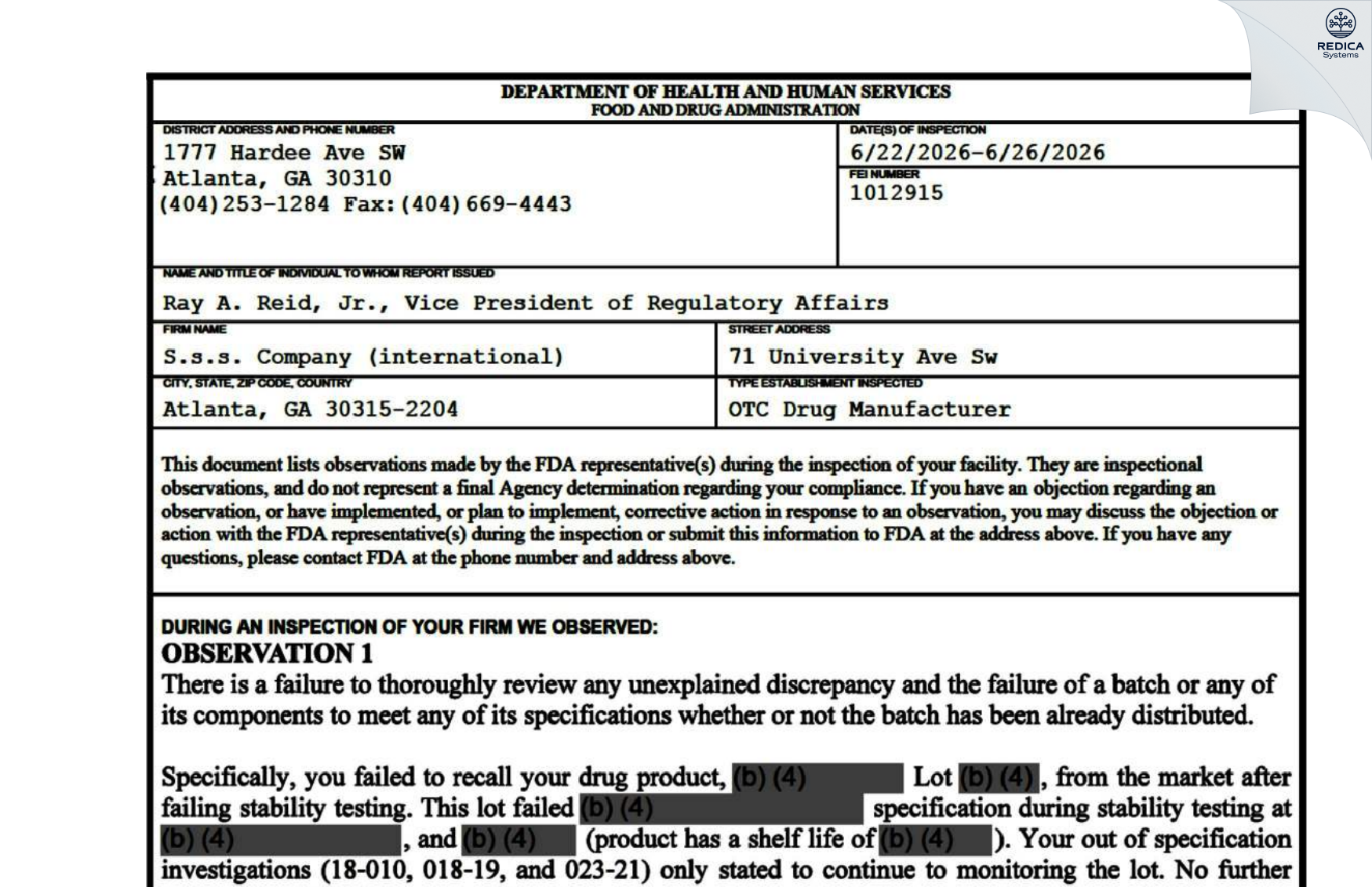 FDA 483 - S.s.s. Company (international) [Atlanta / United States of America] - Download PDF - Redica Systems