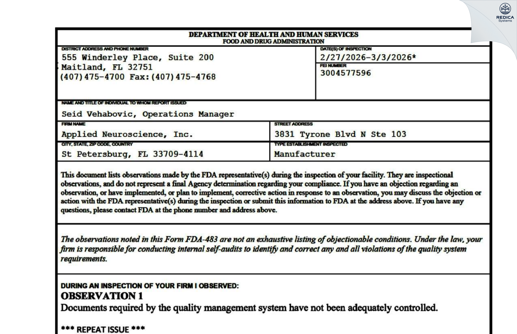 FDA 483 - Applied Neuroscience, Inc. [Saint Petersburg / United States of America] - Download PDF - Redica Systems