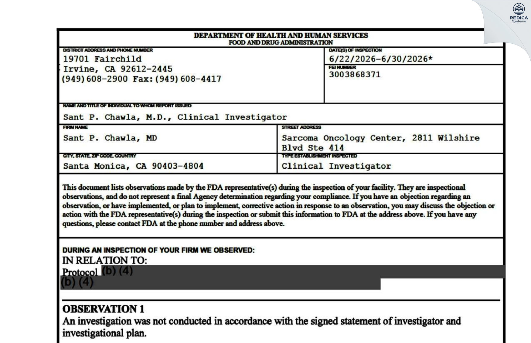 FDA 483 - Sant P. Chawla, MD [Santa Monica / United States of America] - Download PDF - Redica Systems