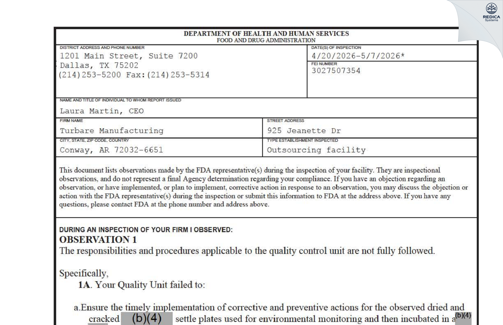 FDA 483 - Turbare Manufacturing [Conway / United States of America] - Download PDF - Redica Systems