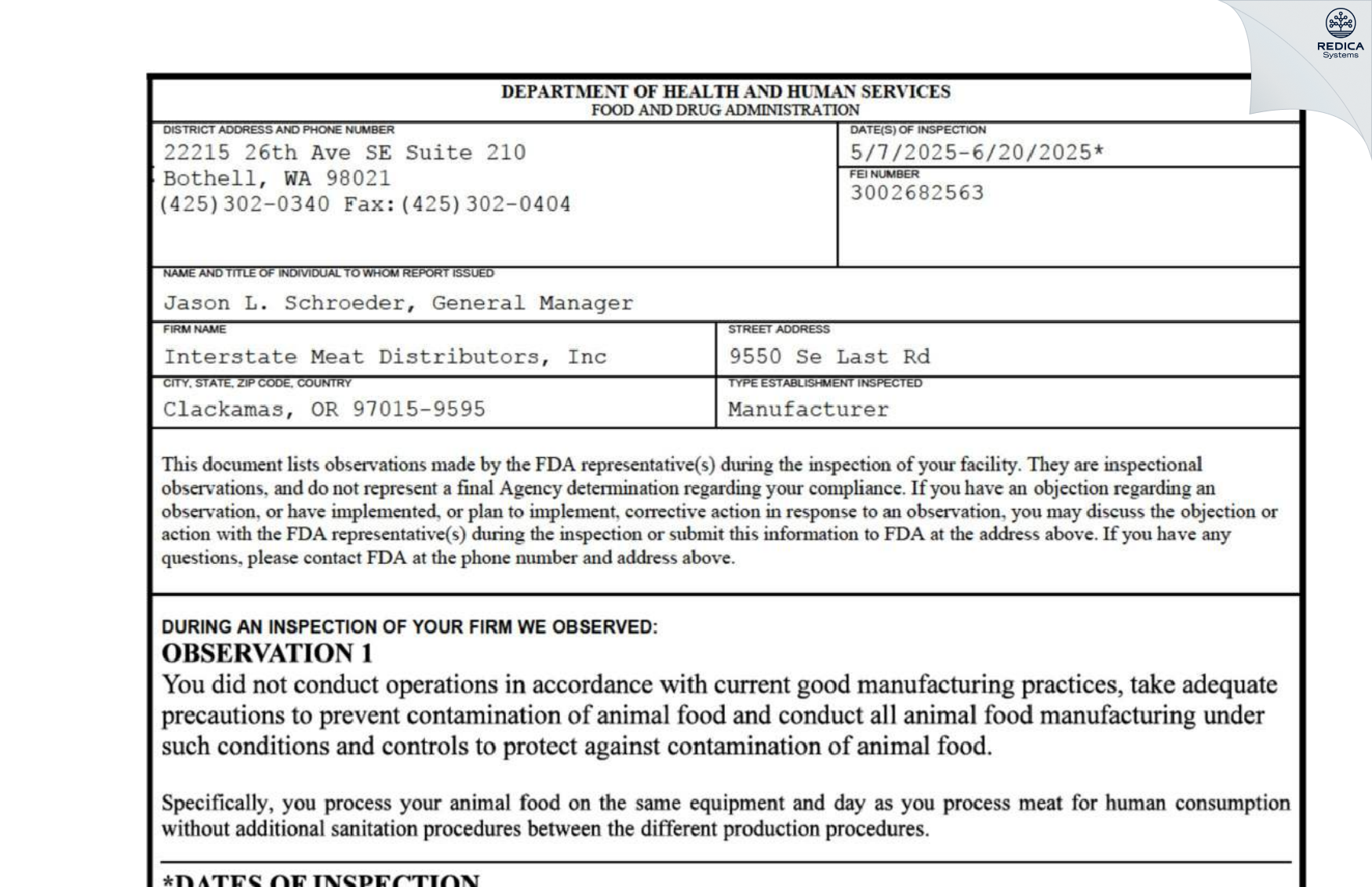 FDA 483 - Interstate Meat Distribution Inc [Clackamas / United States of America] - Download PDF - Redica Systems