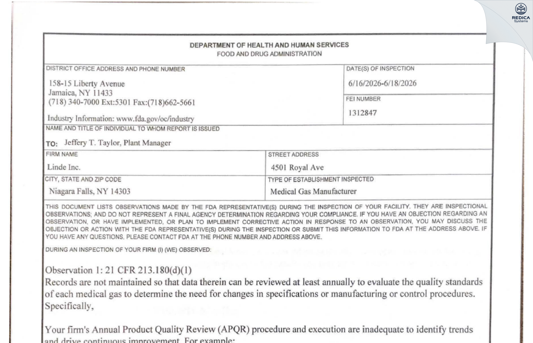 FDA 483 - Linde Inc. [Niagara Falls / United States of America] - Download PDF - Redica Systems