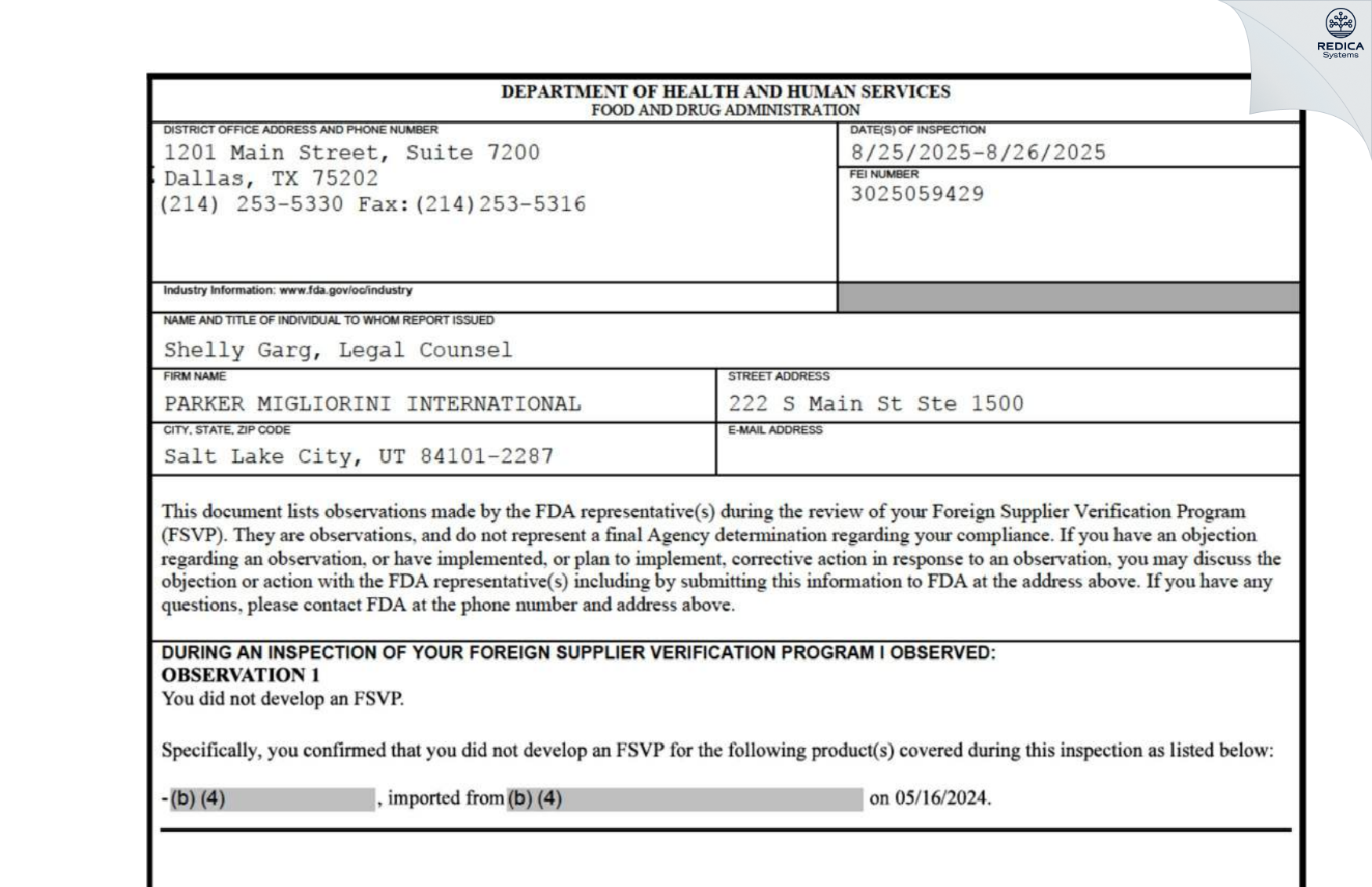 FDA 483 - PARKER MIGLIORINI INTERNATIONAL [Salt Lake City / United States of America] - Download PDF - Redica Systems