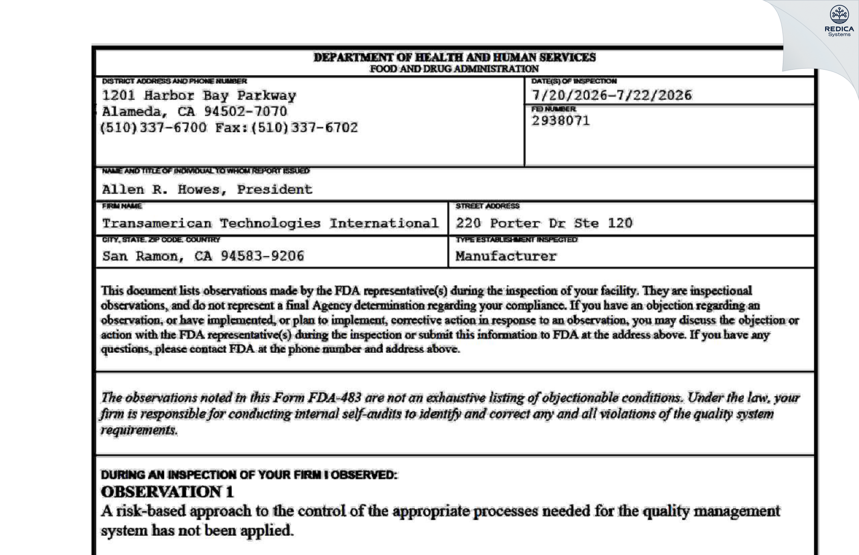 FDA 483 - Transamerican Technologies International [San Ramon / United States of America] - Download PDF - Redica Systems