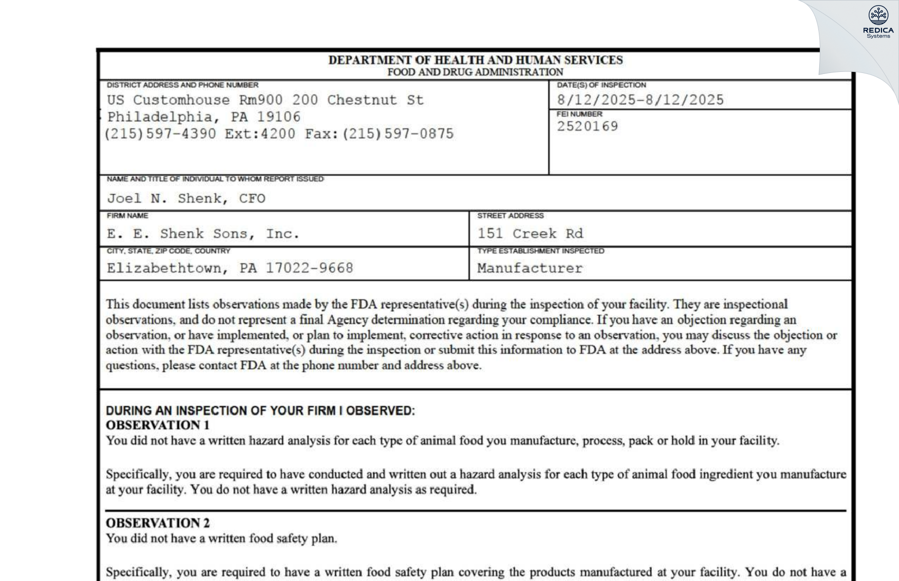 FDA 483 - E. E. Shenk Sons, Inc. [Elizabethtown / United States of America] - Download PDF - Redica Systems
