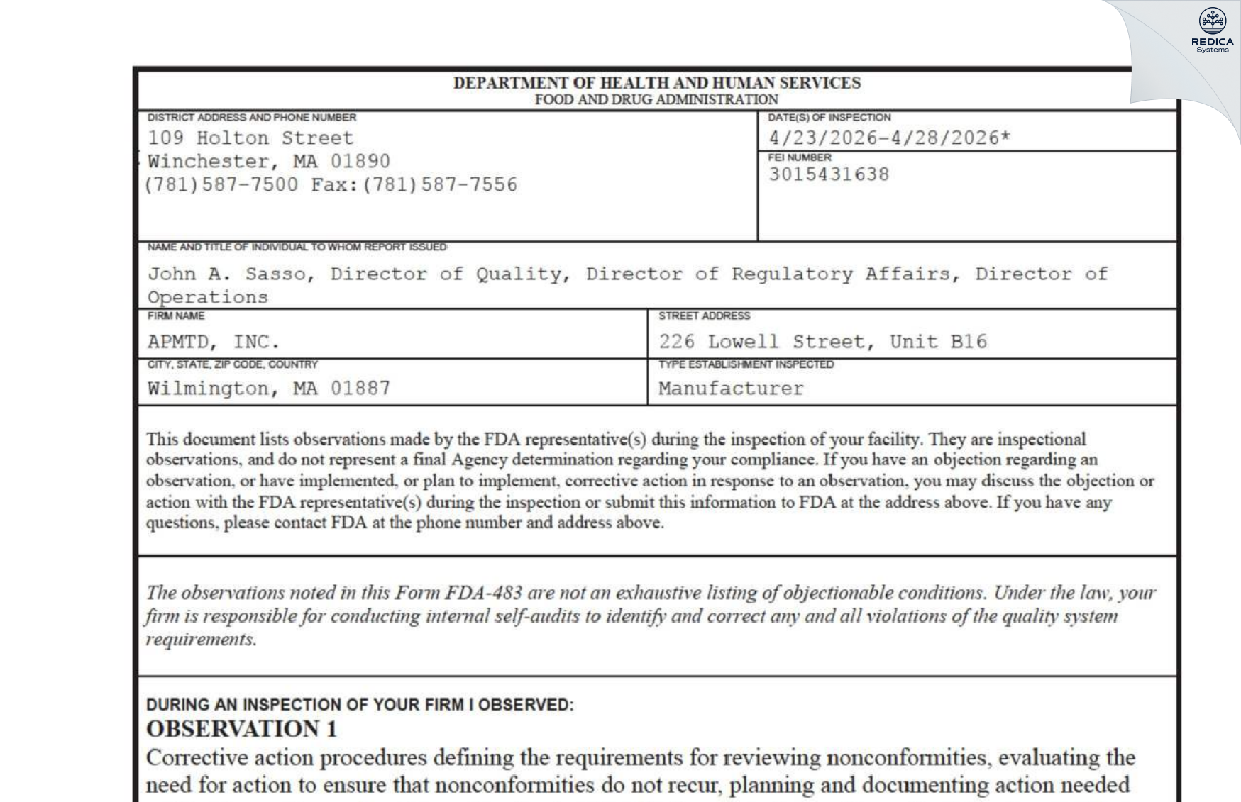 FDA 483 - APMTD, INC. [Wilmington / United States of America] - Download PDF - Redica Systems
