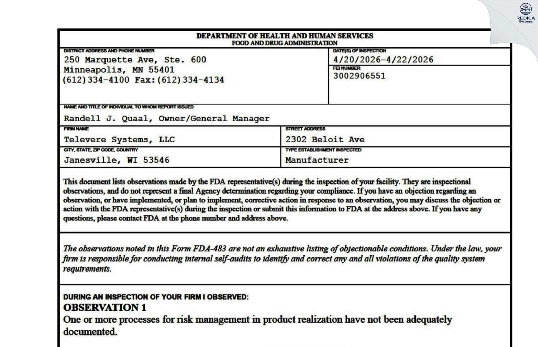 FDA 483 - Televere Systems, LLC [Janesville / United States of America] - Download PDF - Redica Systems
