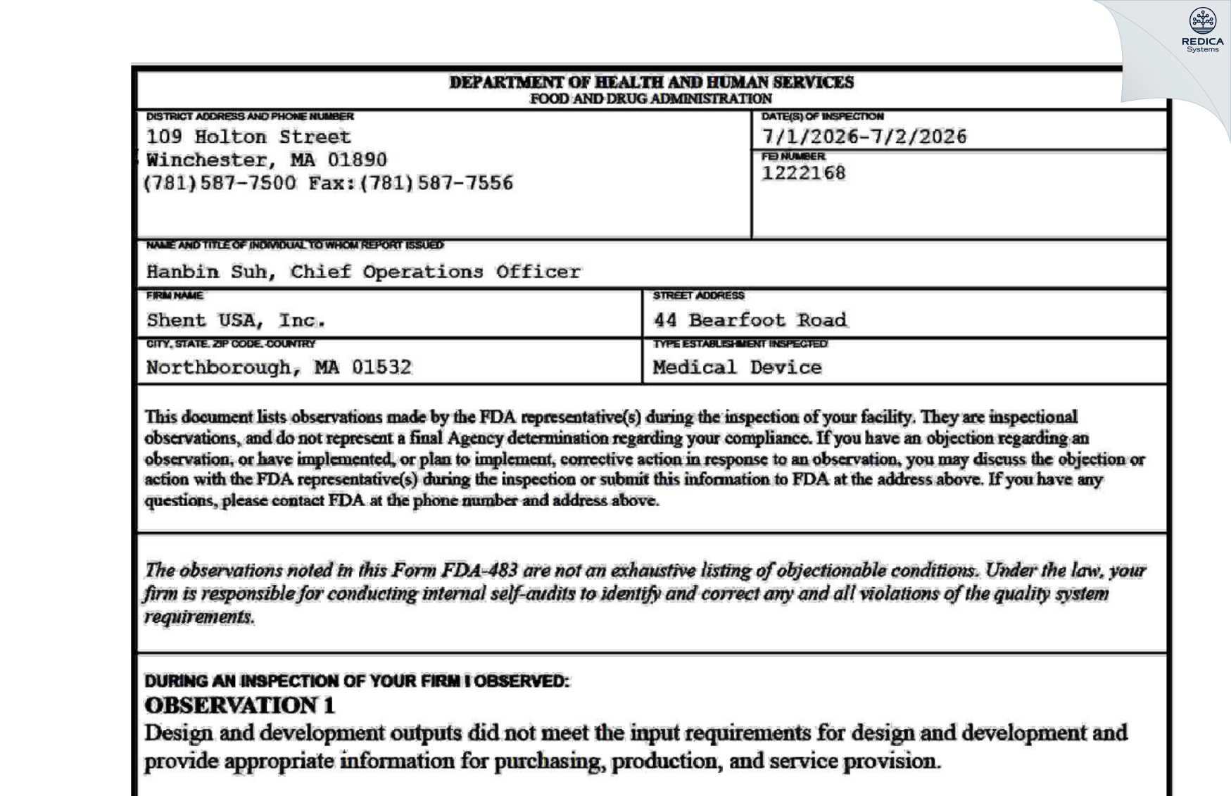 FDA 483 - TeleMed Systems [Hudson / United States of America] - Download PDF - Redica Systems