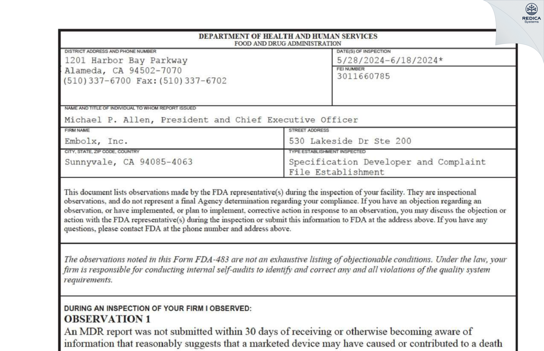 FDA 483 - Embolx, Inc. [Sunnyvale / United States of America] - Download PDF - Redica Systems
