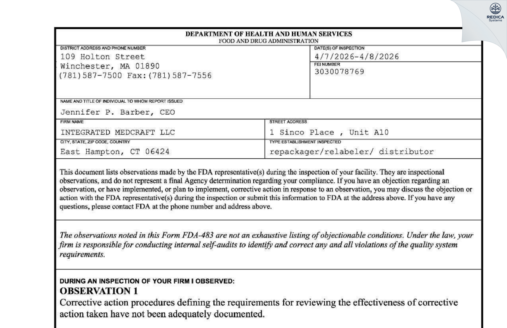 FDA 483 - INTEGRATED MEDCRAFT LLC [East Hampton / United States of America] - Download PDF - Redica Systems