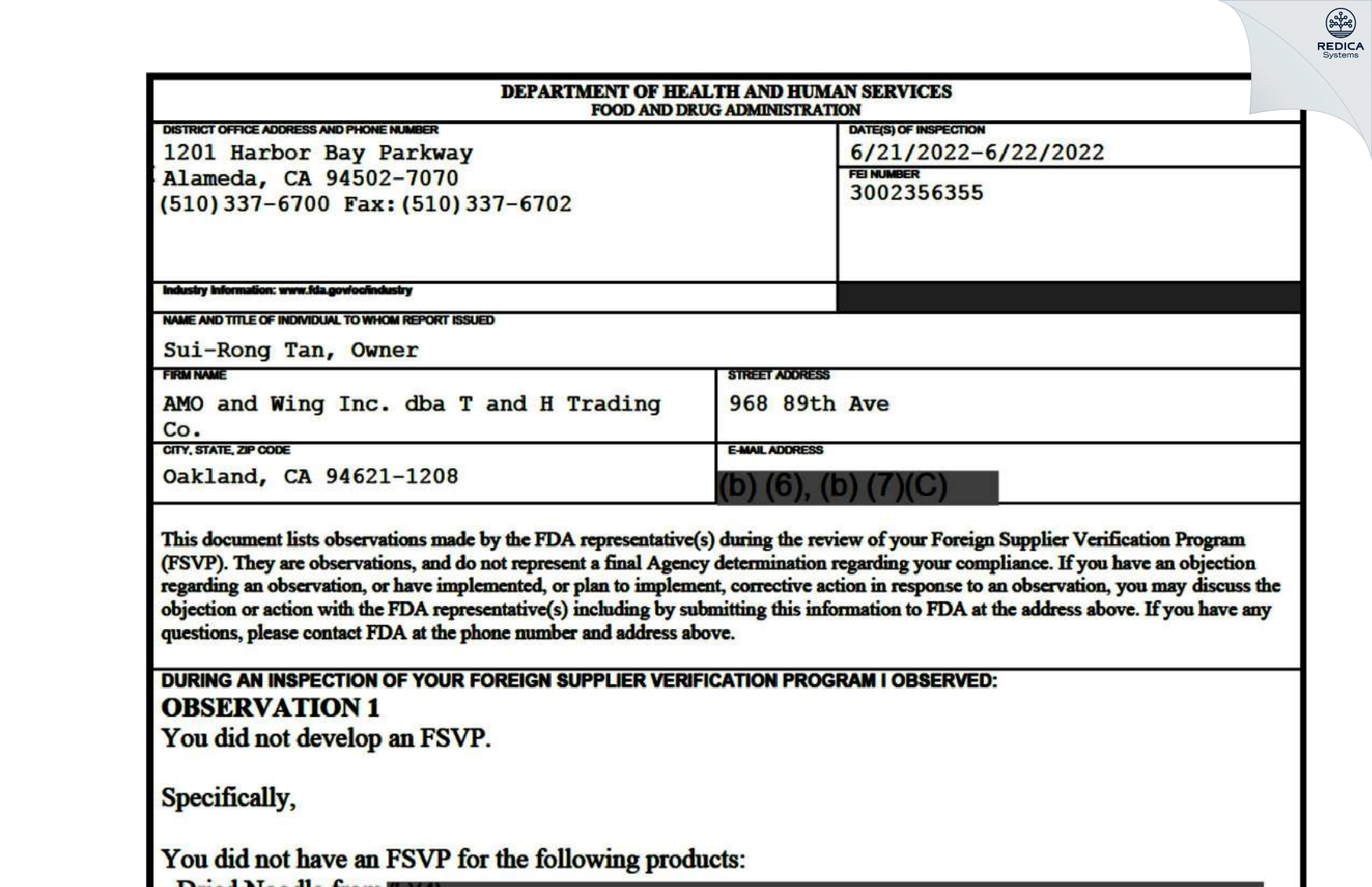 FDA 483 - AMO and Wing Inc. dba T and H Trading Co. [Oakland / United States of America] - Download PDF - Redica Systems