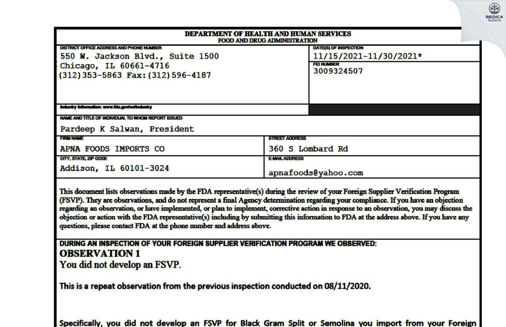 FDA 483 - Apna Foods Imports Co. [Addison / United States of America] - Download PDF - Redica Systems