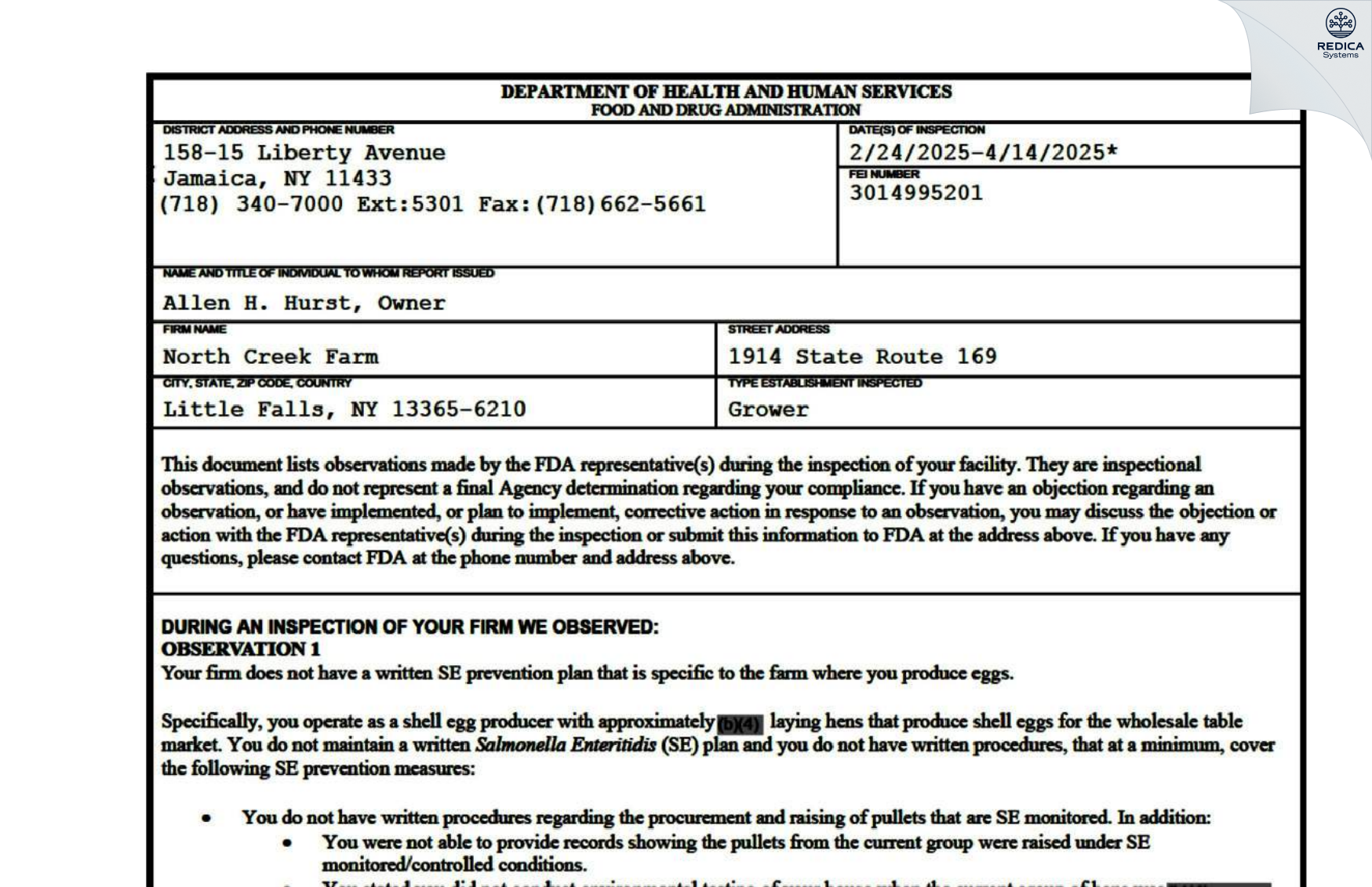 FDA 483 - North Creek Farm [Little Falls / United States of America] - Download PDF - Redica Systems